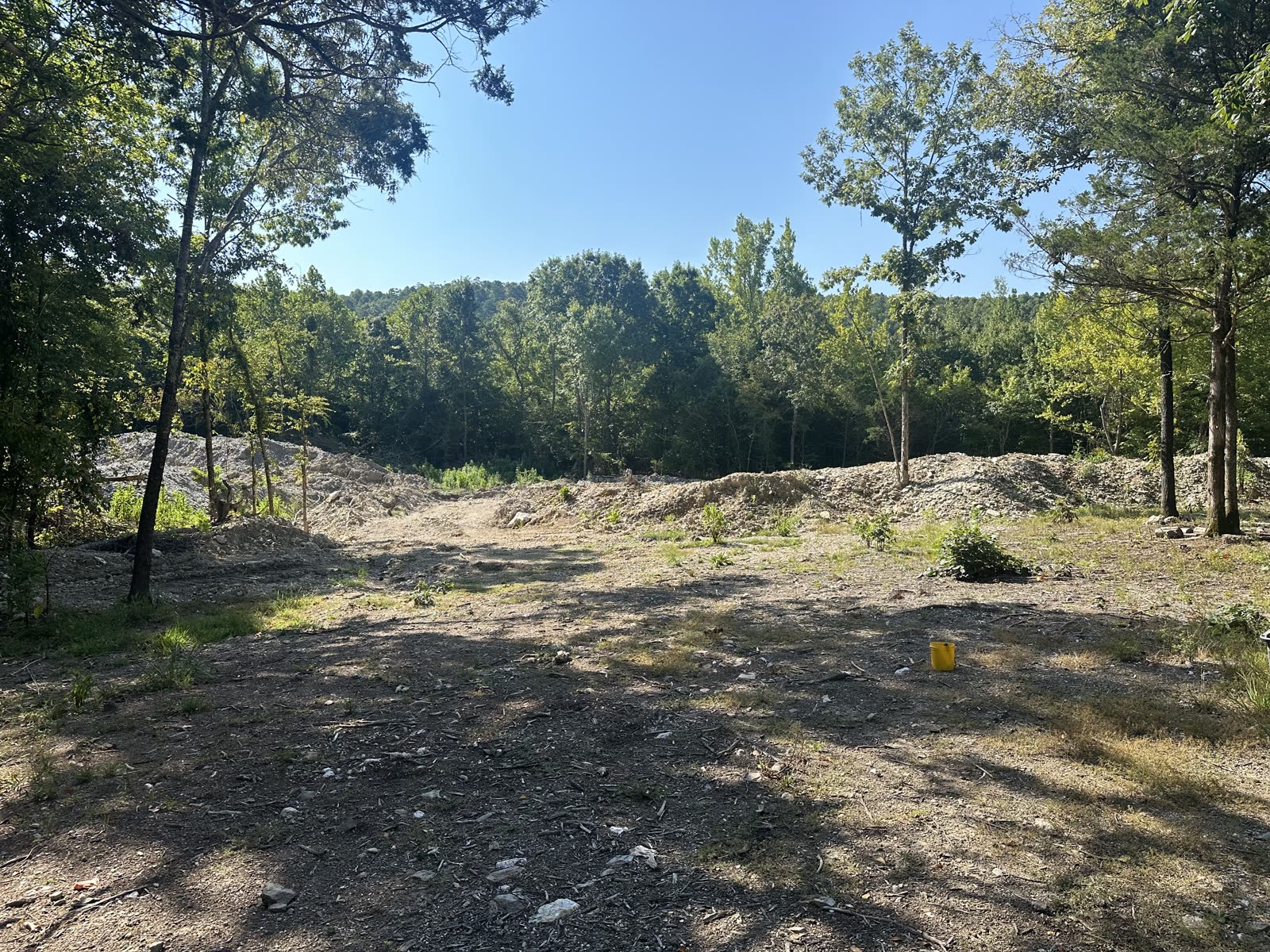 Entrance to the Pine Ridge Crystals quartz mine, with dig piles and hardwood forest near Oden, Arkansas